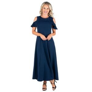 NWT 24seven Comfort Apparel Ruffled Cold Shoulder A-Line Maxi Dress Blue SZ XL
